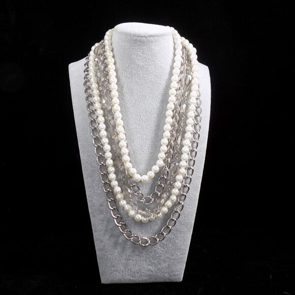Vintage Premier Designs Faux Pearl Multi Layer Necklace Silver Tone Magnetic - Picture 1 of 10